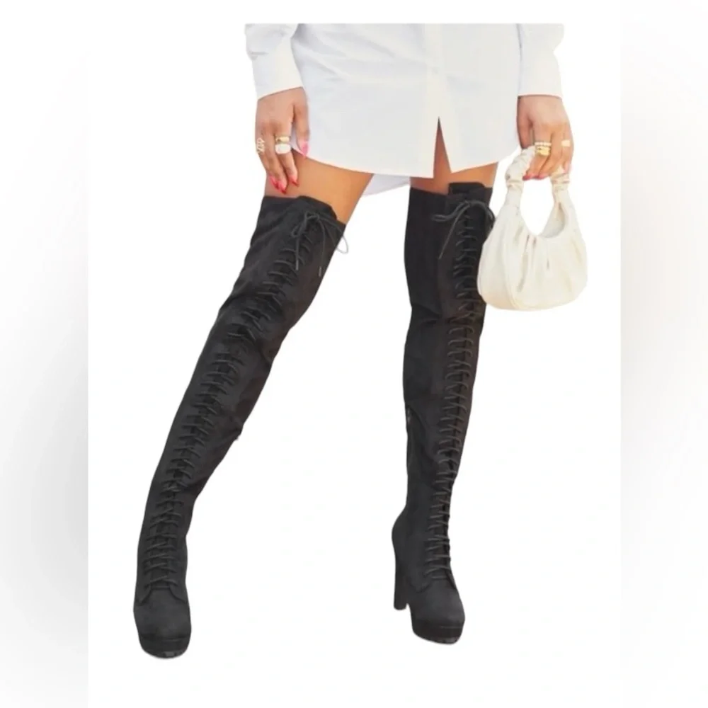 Sexy Black thigh high over the knee platform lace up stretch with zipper